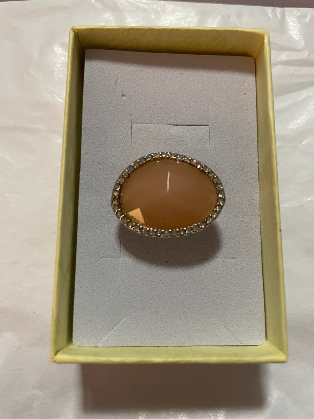 Elegant Oval Peach Stone Ring with Crystal Halo